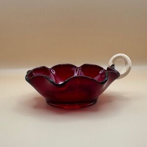 Vintage Ruby Red Ruffled Candy Dish with Glass Handle